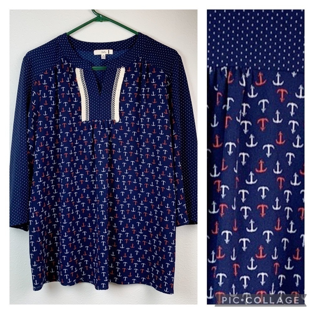 Stitch Fix: Cleo Kai nautical anchors print split round neck tunic top EUC